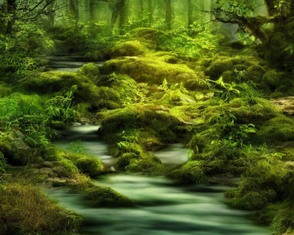Tranquil forest stream with moss-covered rocks and sunlight filtering through foliage