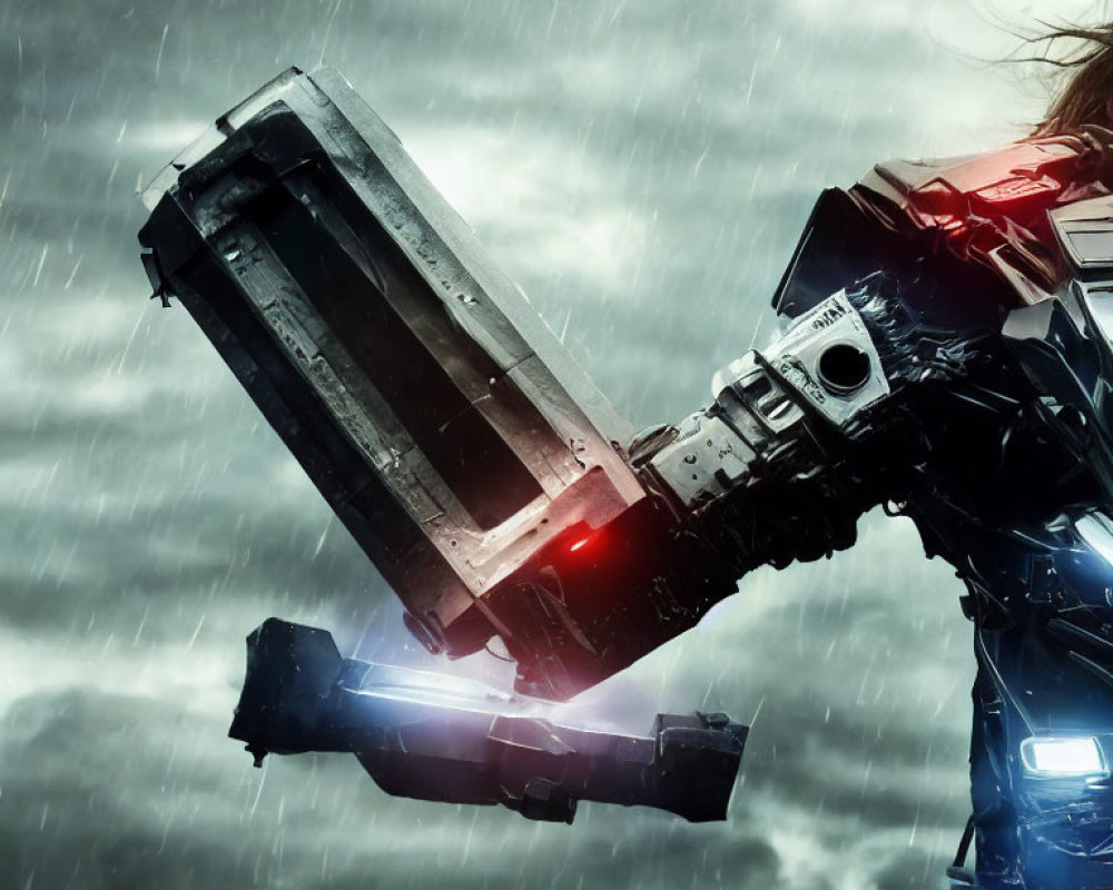 Robotic arm holding briefcase under stormy sky with red lights