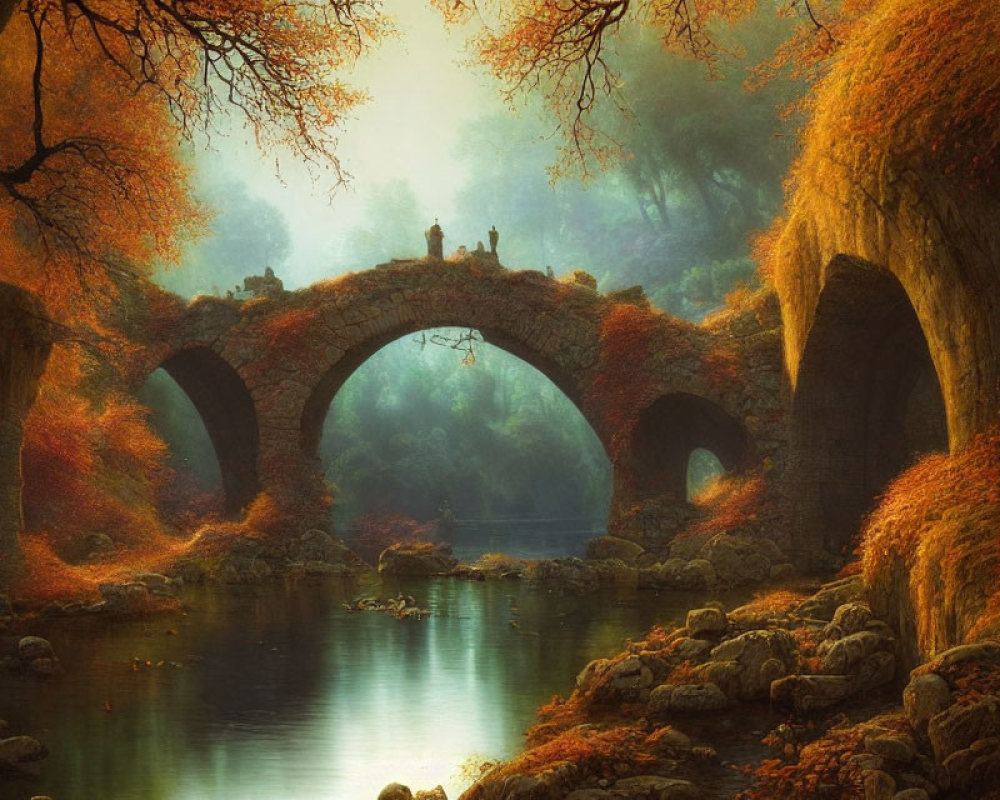 Serene river scene: old stone bridge, autumn trees, golden light