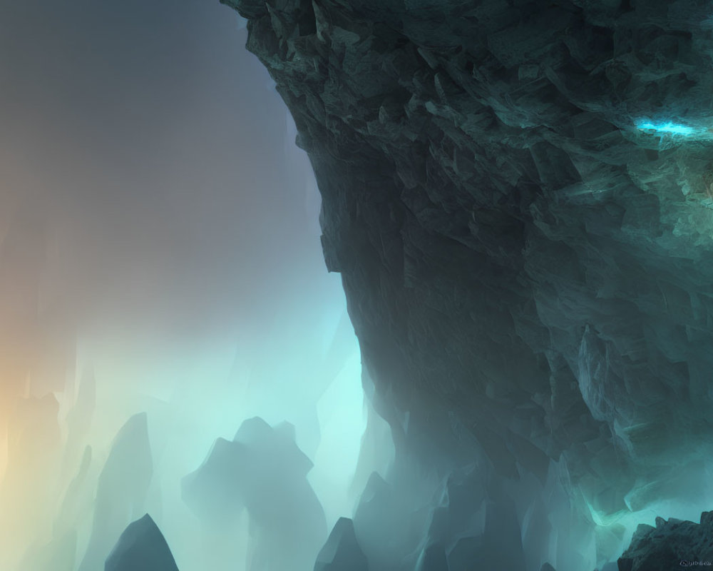Mystical cave with blue glowing lights and towering rock formations