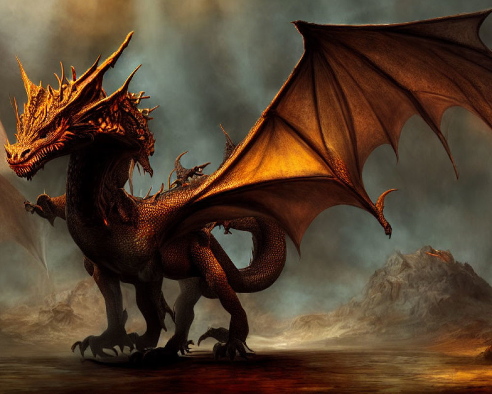 Majestic dragon with fiery scales in misty landscape