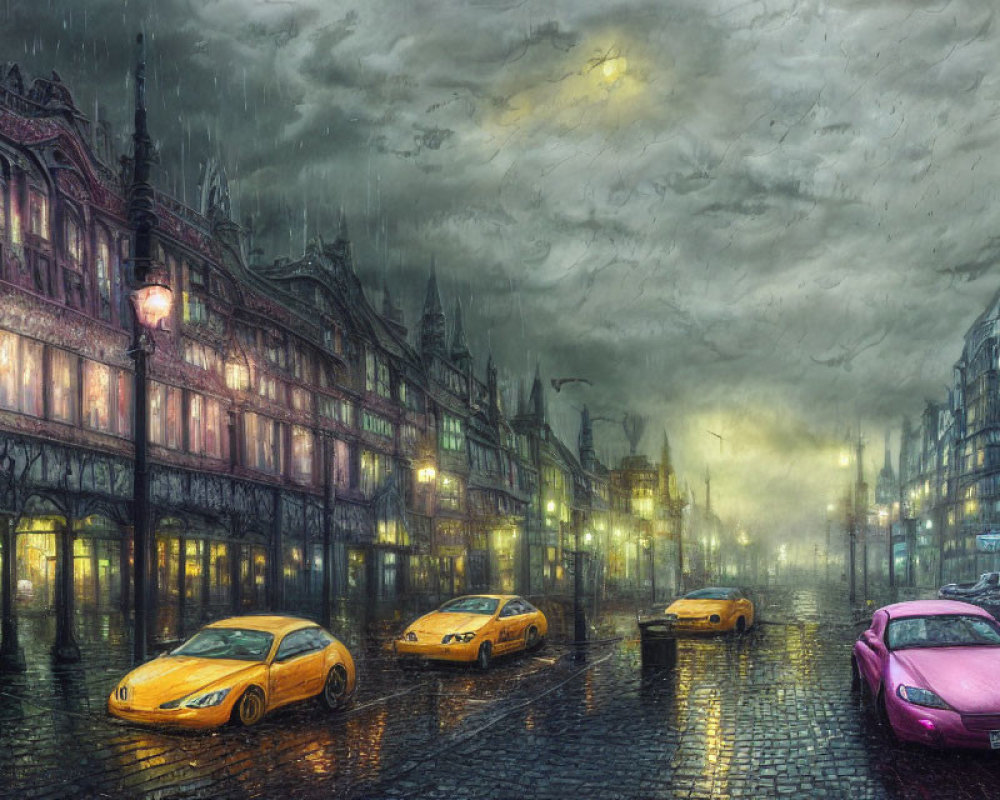 Vintage buildings, glowing lamps, colorful cars on rain-soaked street under stormy sky