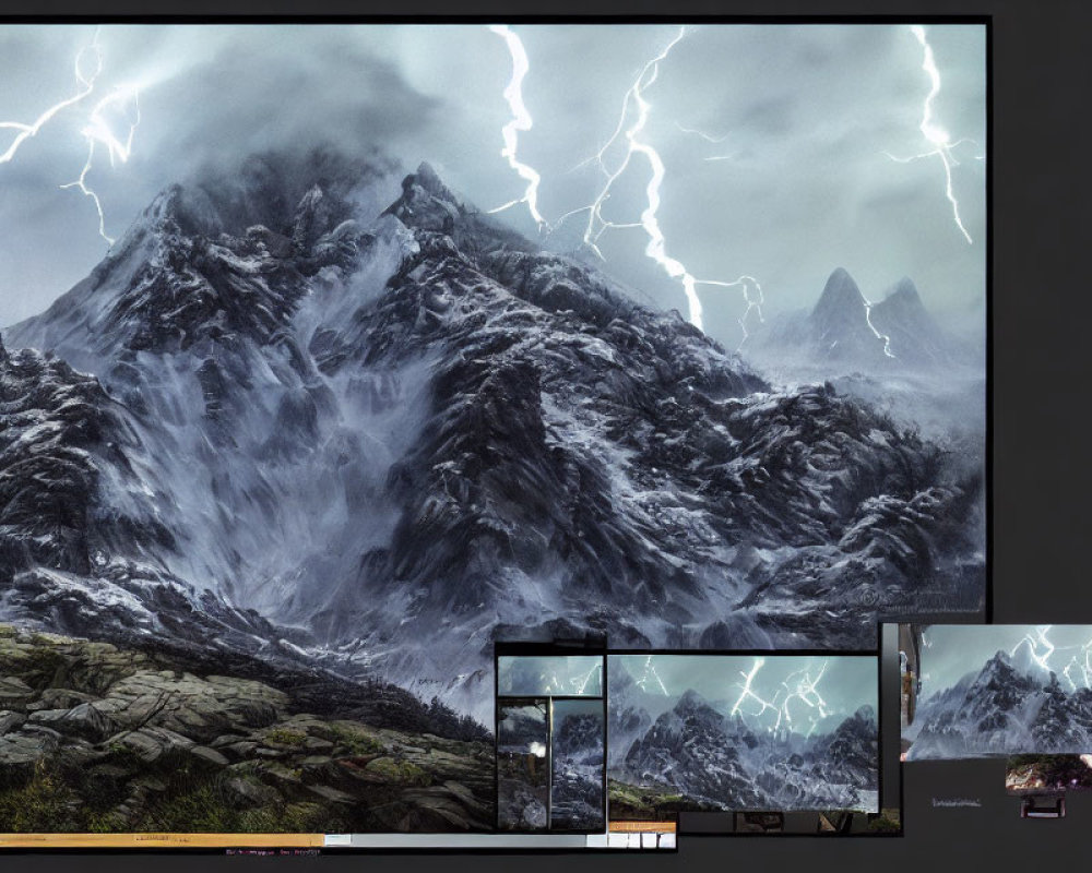 Digital art montage of rugged mountain landscape in fierce thunderstorm