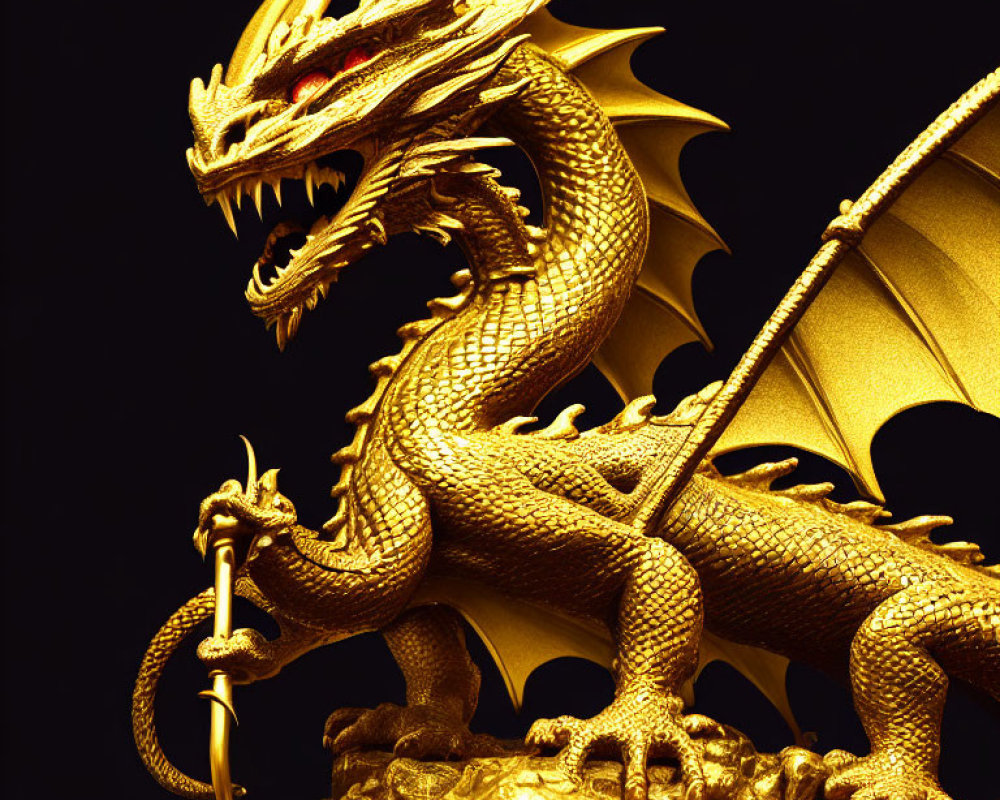 Golden dragon with staff on black background - Detailed scales and majestic pose