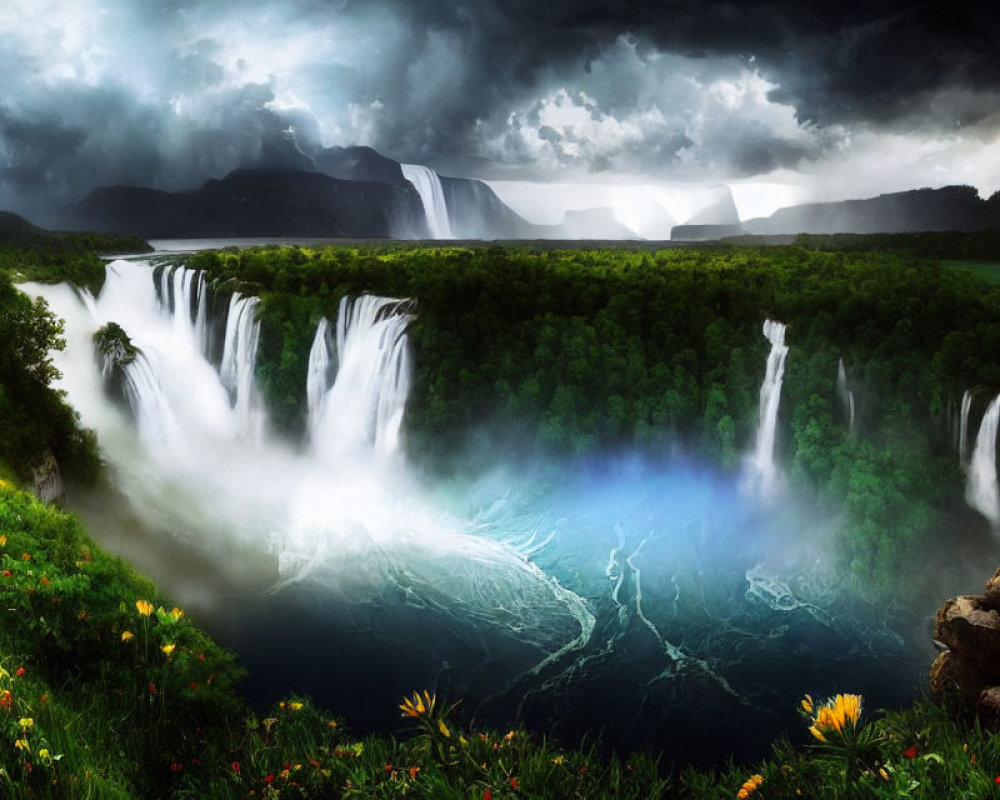 Scenic landscape with waterfalls, river, meadows, and stormy sky