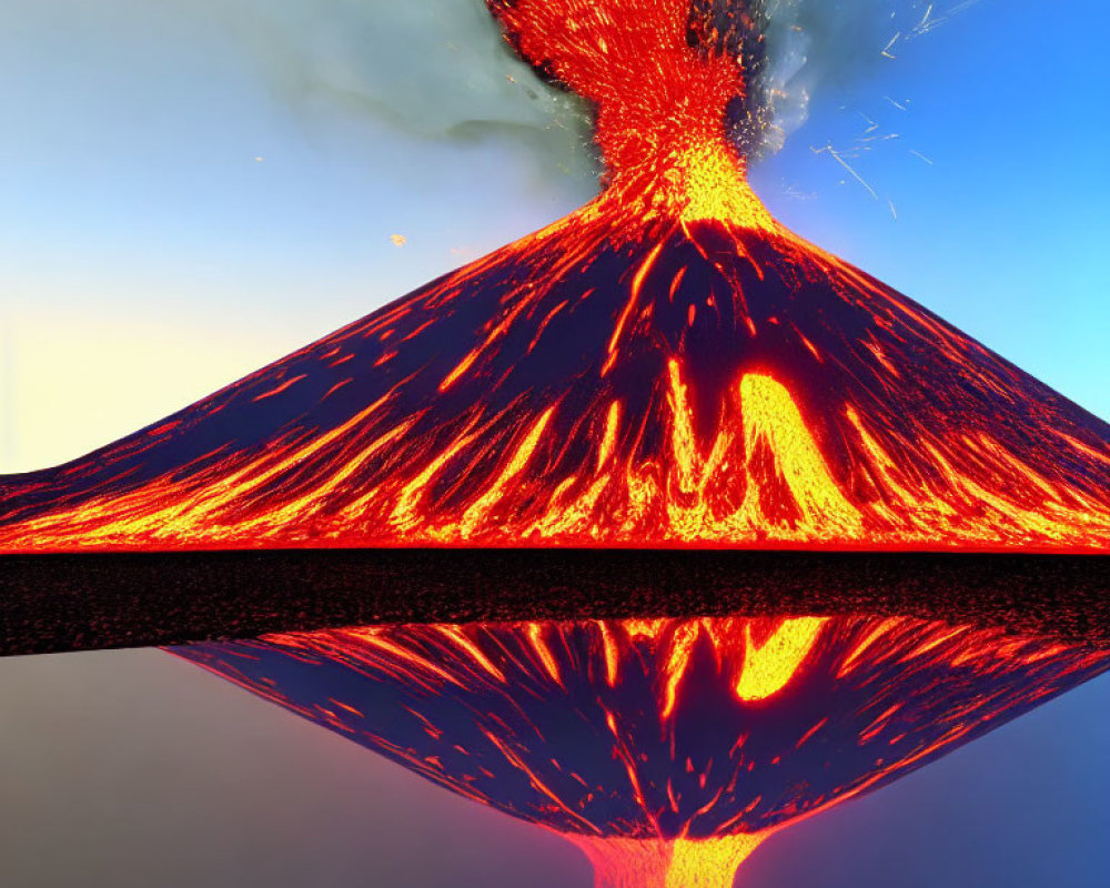Volcano eruption with flowing lava and debris reflected on water under blue sky