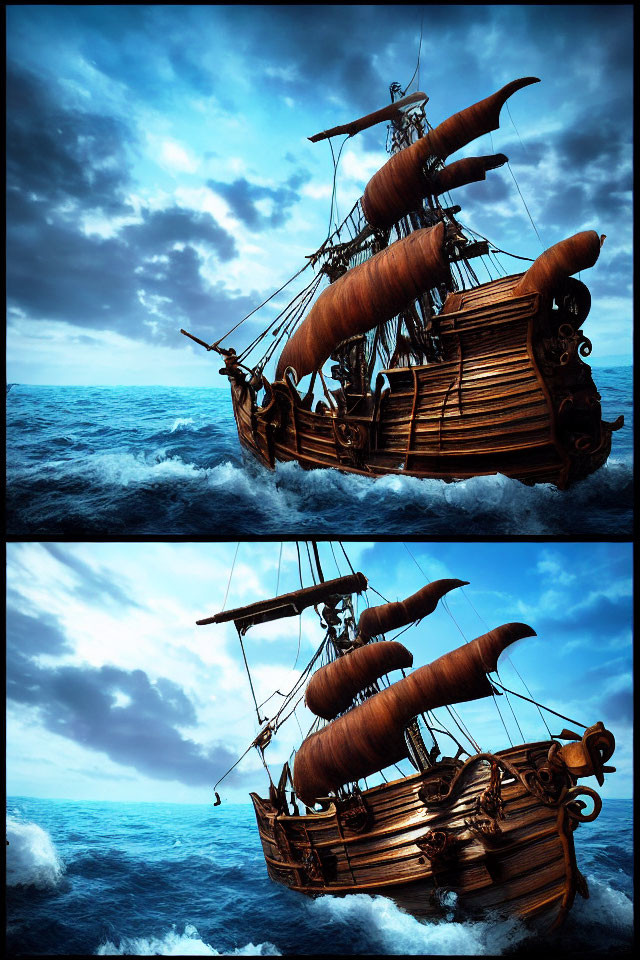 Digital Artwork: Old-Fashioned Sailing Ship on Dramatic Ocean Scene