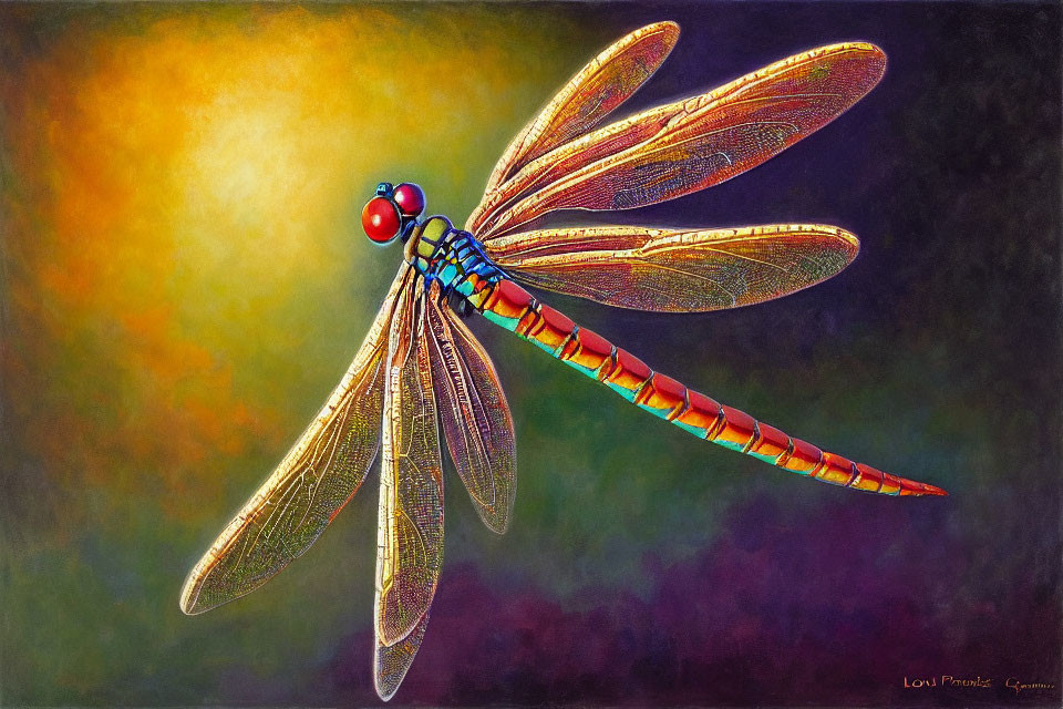 Vibrant dragonfly art with detailed wings on gradient backdrop