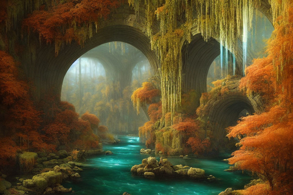 Mystical forest with ancient stone bridge over serene river