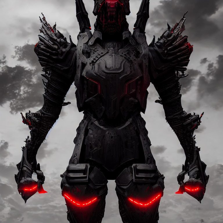 Menacing robotic figure with red glowing eyes in stormy sky setting