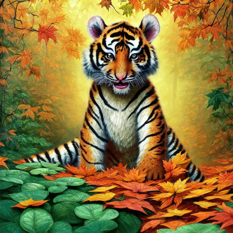 Young Tiger Surrounded by Colorful Autumn Leaves