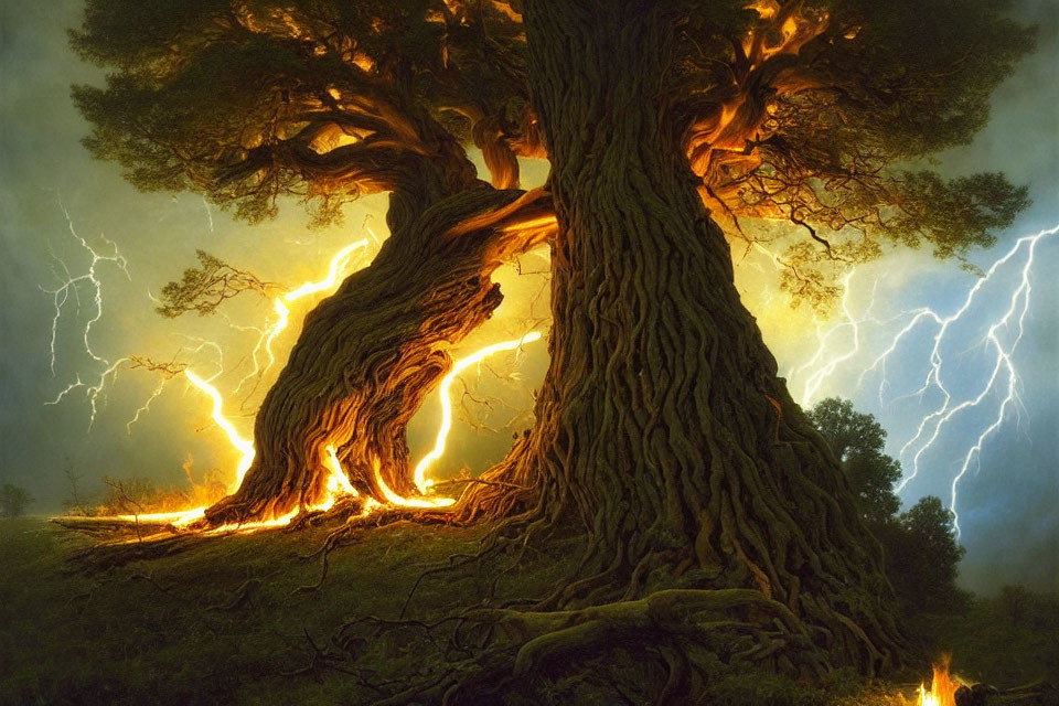 Majestic ancient tree in fiery light amidst stormy landscape