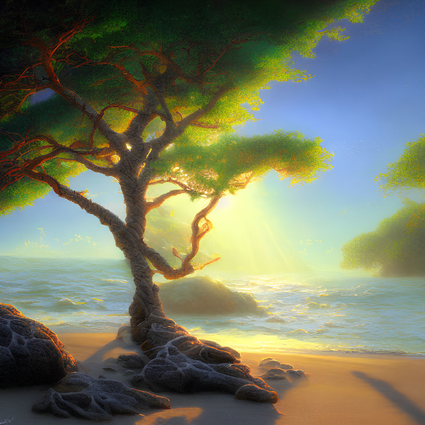 Twisted tree with lush canopy on sandy beach at sunset
