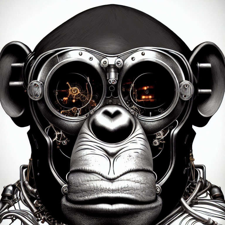 Detailed illustration of cybernetic chimpanzee with mechanical eyes and ears