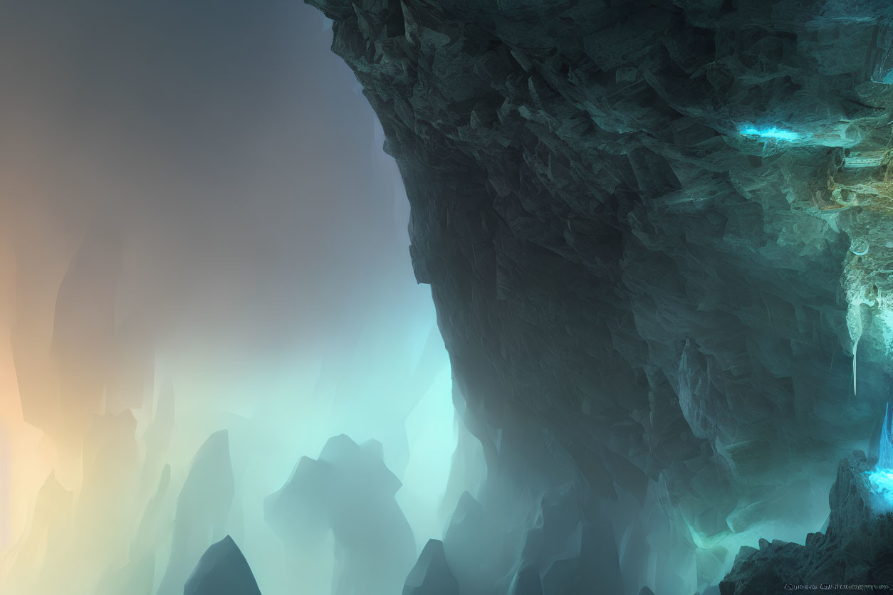 Mystical cave with blue glowing lights and towering rock formations