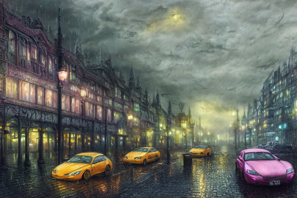 Vintage buildings, glowing lamps, colorful cars on rain-soaked street under stormy sky