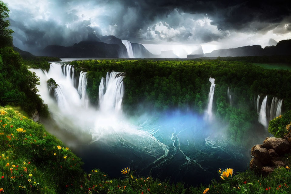 Scenic landscape with waterfalls, river, meadows, and stormy sky