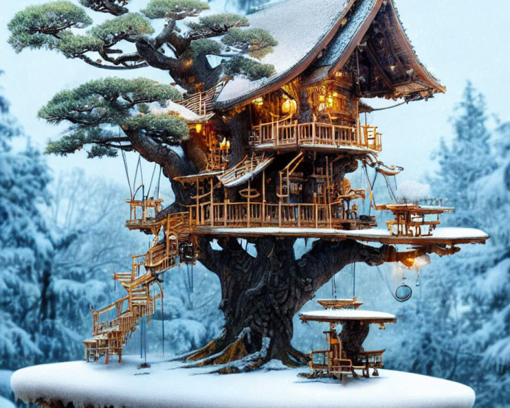 Snow-covered pine treehouse with lit windows in tranquil snowfall
