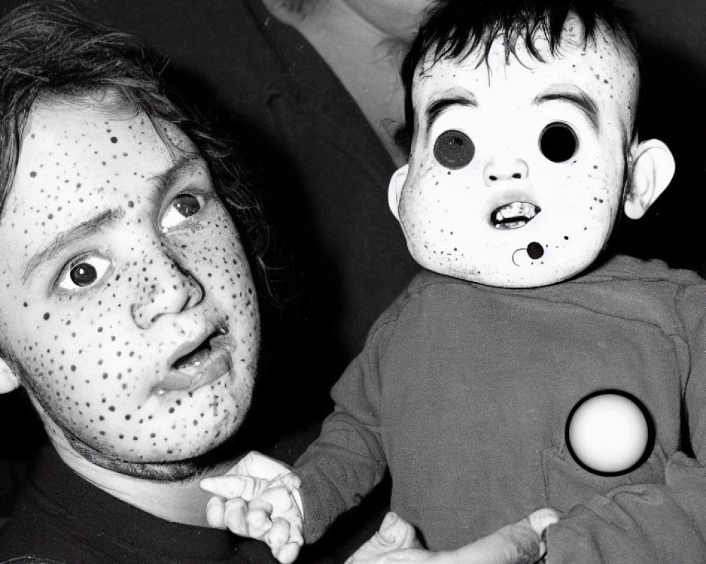 Two people in polka-dot face paint, one with bulging eye mask.