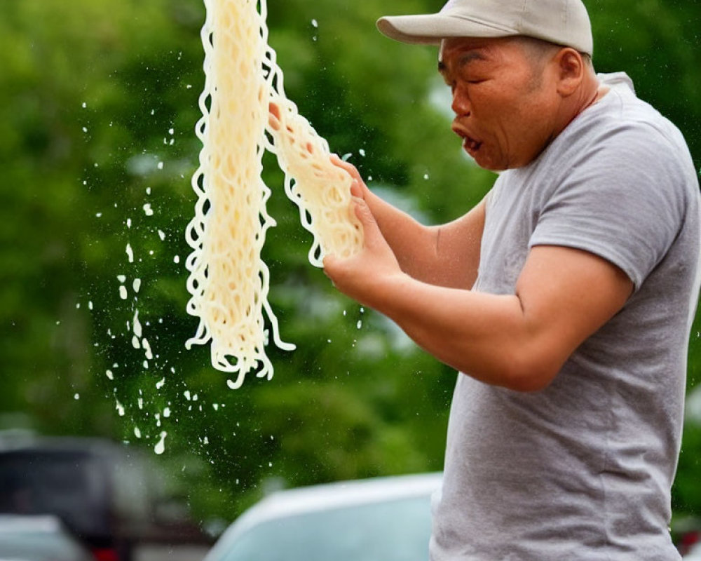 Man in Gray T-Shirt and Cap Spitting Long Noodles Outdoors