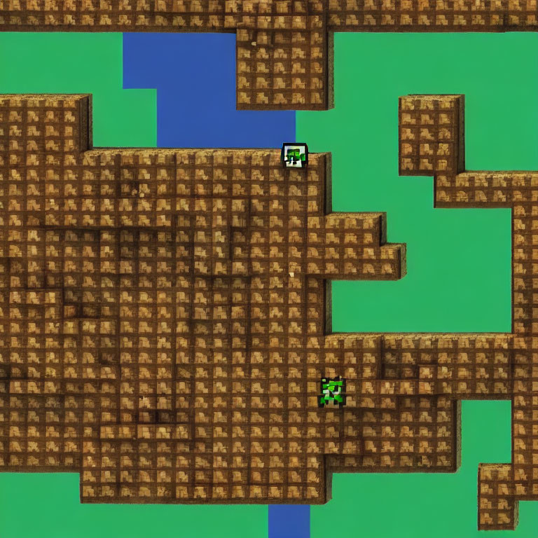 Top-Down 2D Game Environment with Green Character on Pixelated Terrain