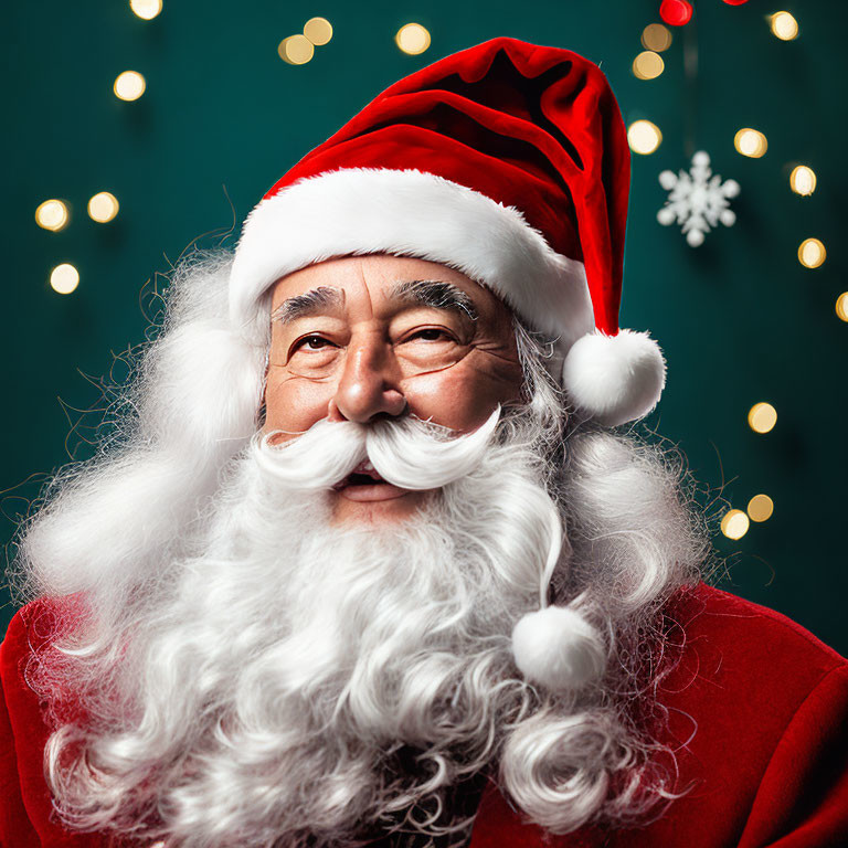 Man in Santa Claus costume with white beard and red attire in front of twinkling lights