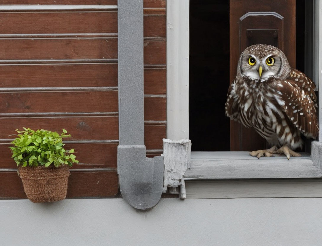 Owl perched on window sill beside potted plant and shutters
