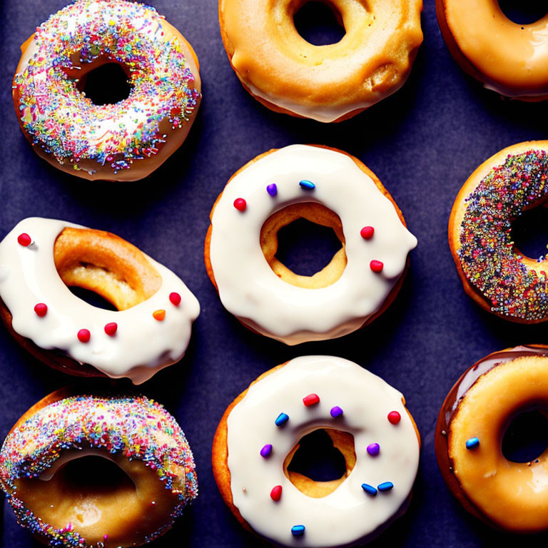 Assorted donuts with icing and sprinkles on dark background