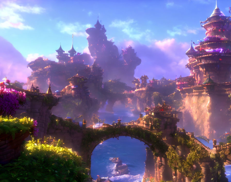 Fantastical landscape with ornate castles on rock formations and stone bridge