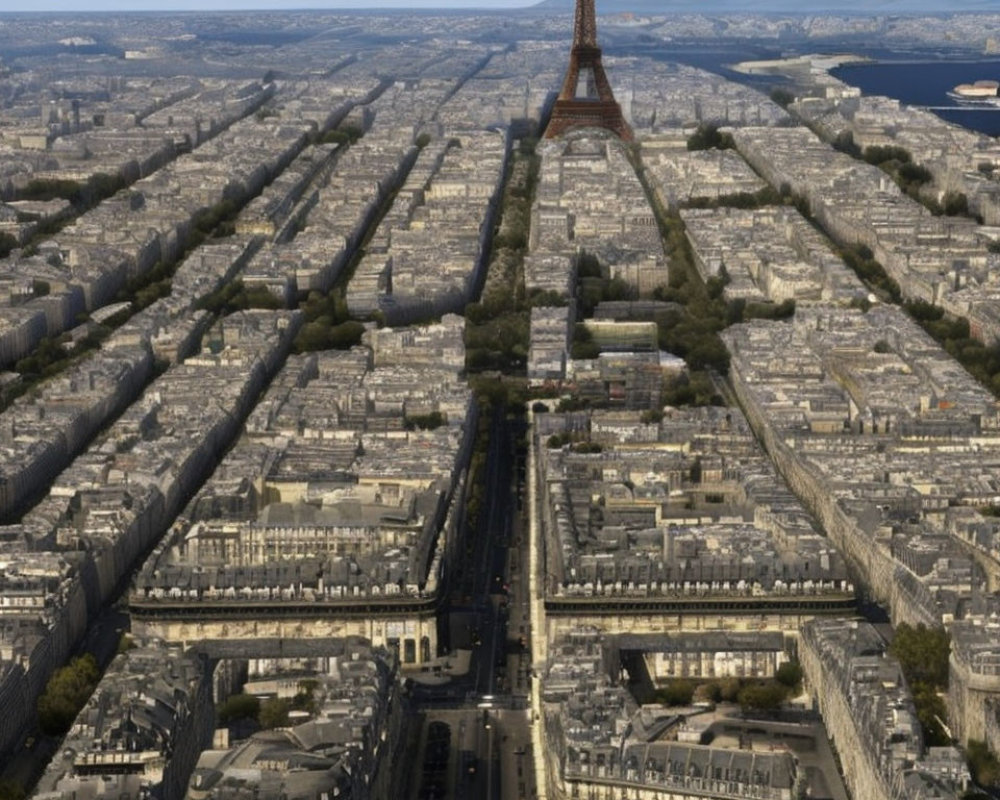 Aerial View of Paris with Eiffel Tower and Tree-Lined Streets