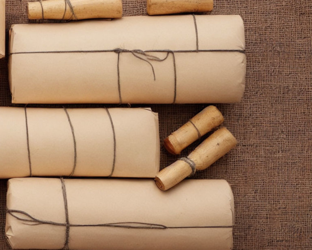 Rolled-Up Scrolls and Corks on Textured Brown Background