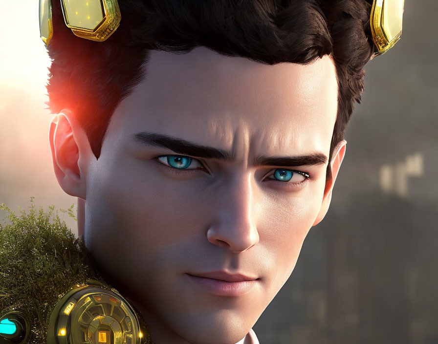 Detailed digital artwork of male figure with blue eyes, dark hair, mechanical headphones, and greenery.