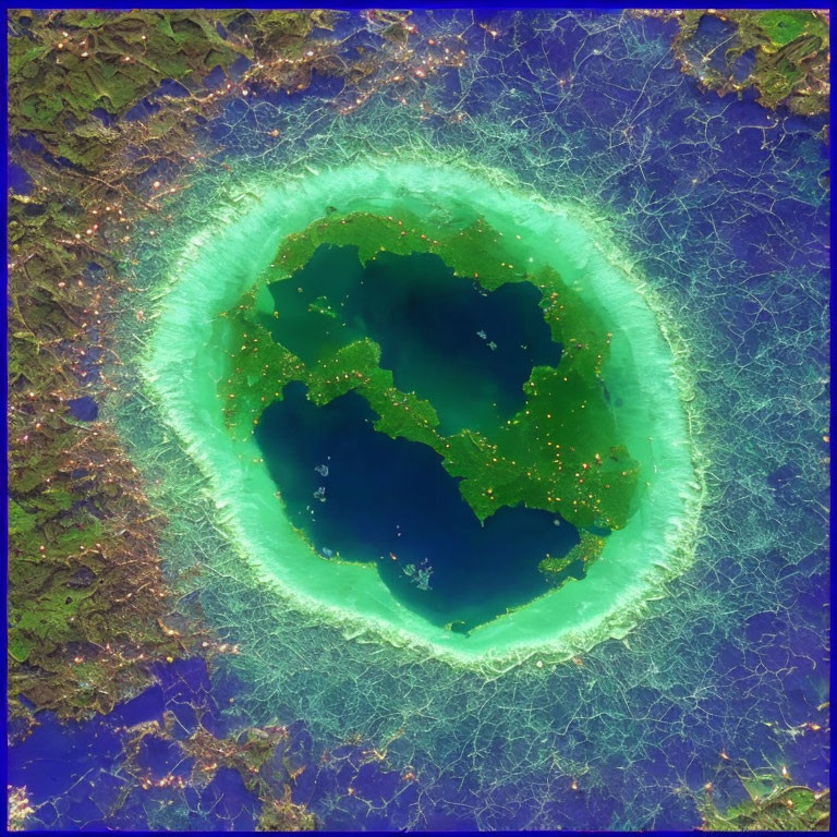 Aerial view of vibrant coral ring around atoll lagoon