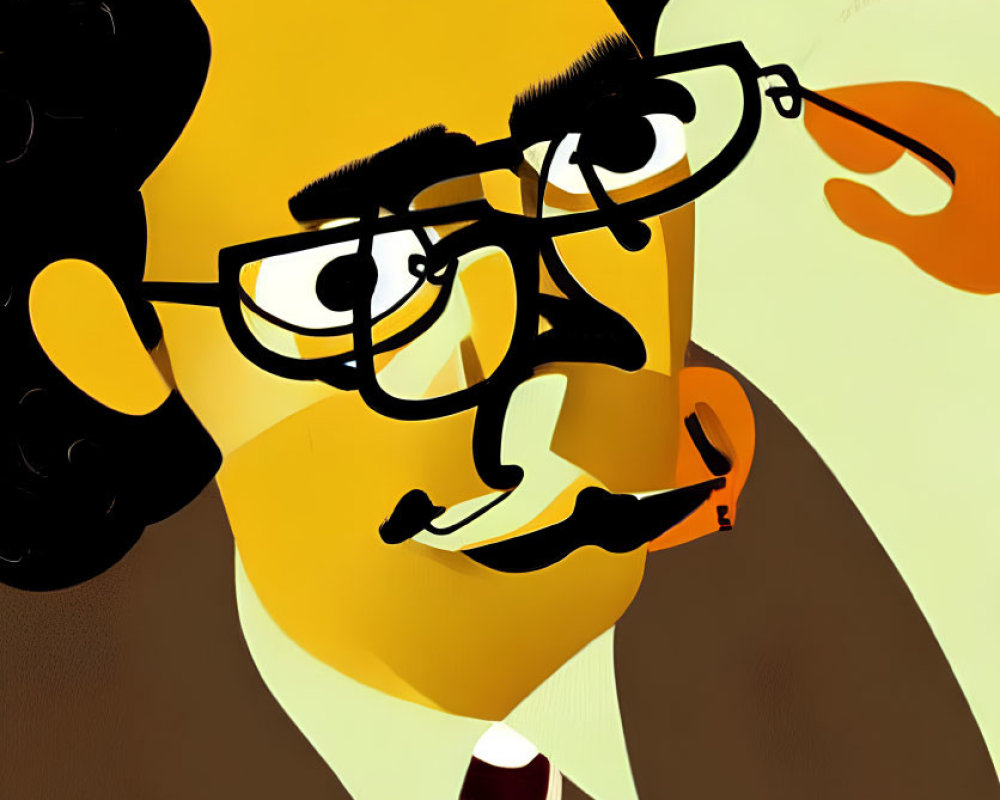 Man with Curly Hair, Glasses, Tie, and Pipe on Tan Background