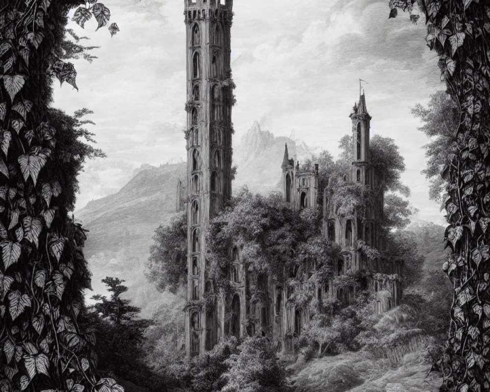 Monochrome gothic tower with ivy, arched windows, and rugged landscape
