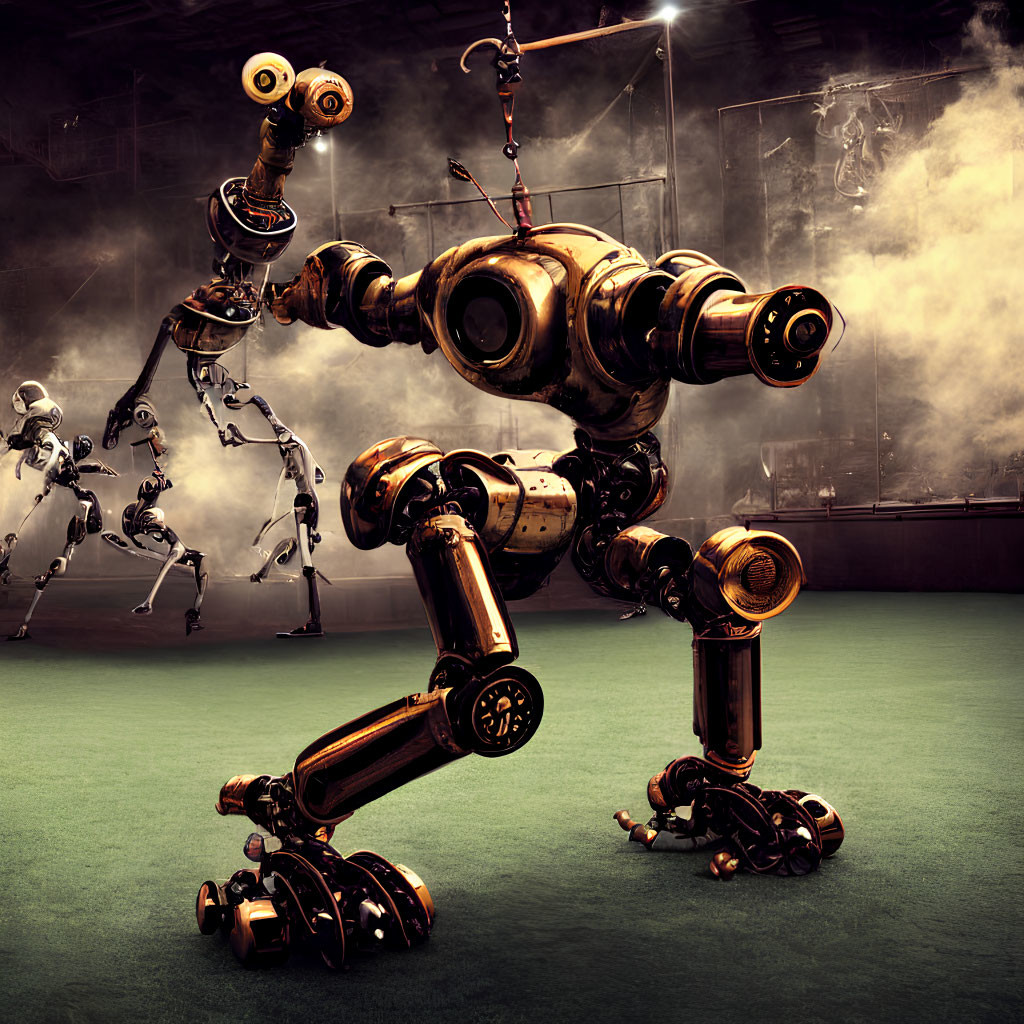 Steampunk-style robot in boxing pose with brass detailing in arena