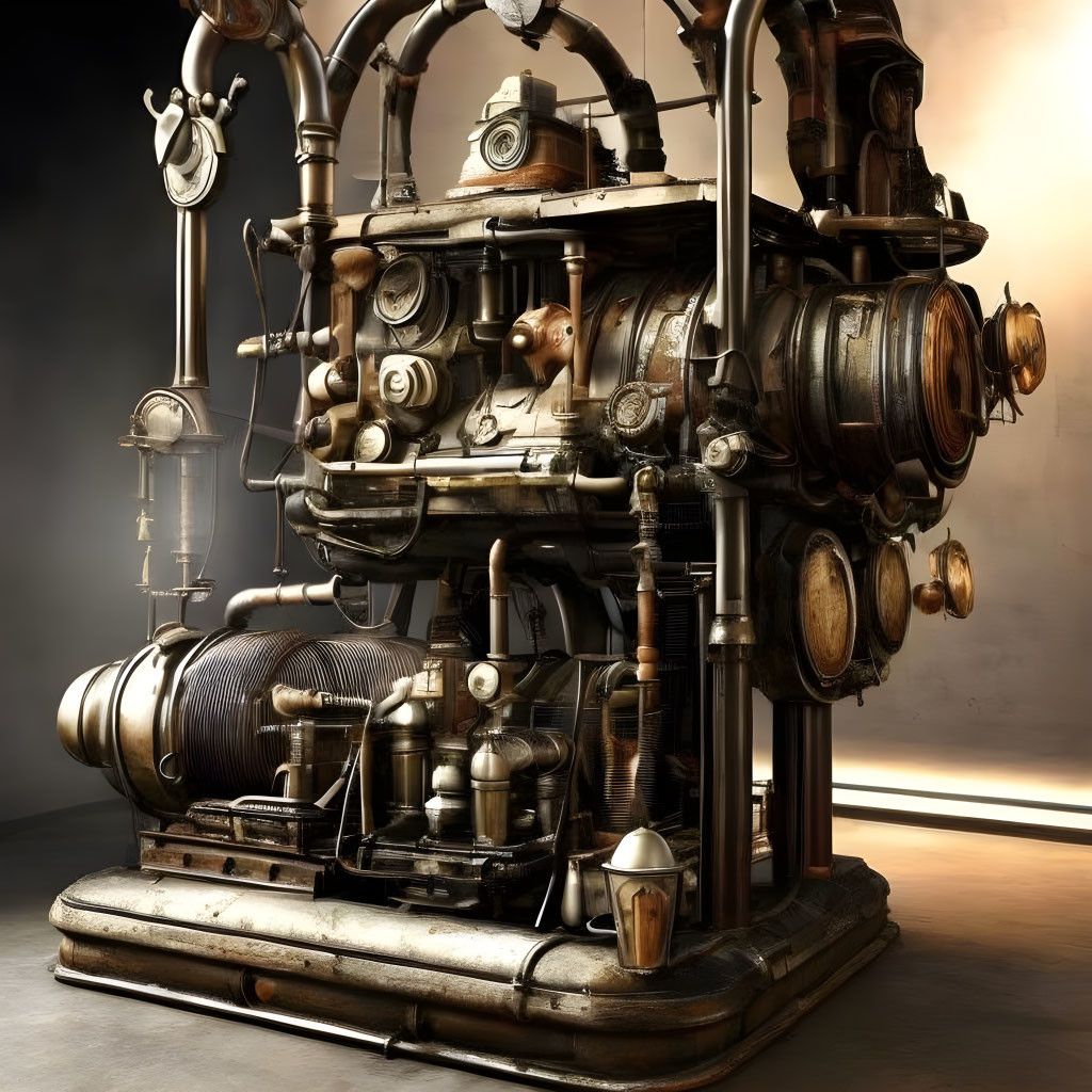 Steampunk apparatus with pipes, gauges, gears, vintage aesthetic, metallic construction, warm light