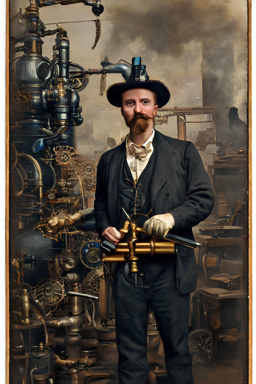 Steampunk man with brass gadget in industrial setting