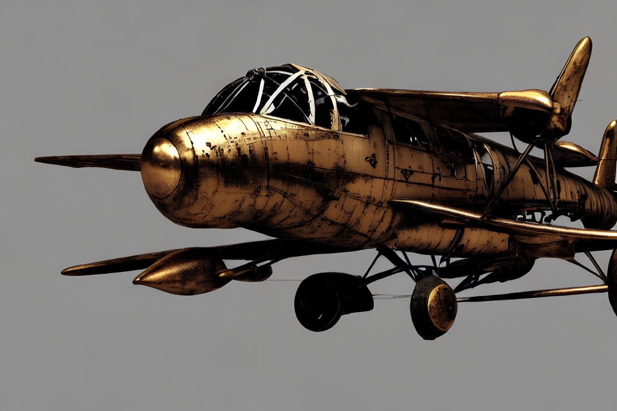 Vintage Gold-Toned Aircraft with Propellers and Detailed Cockpit