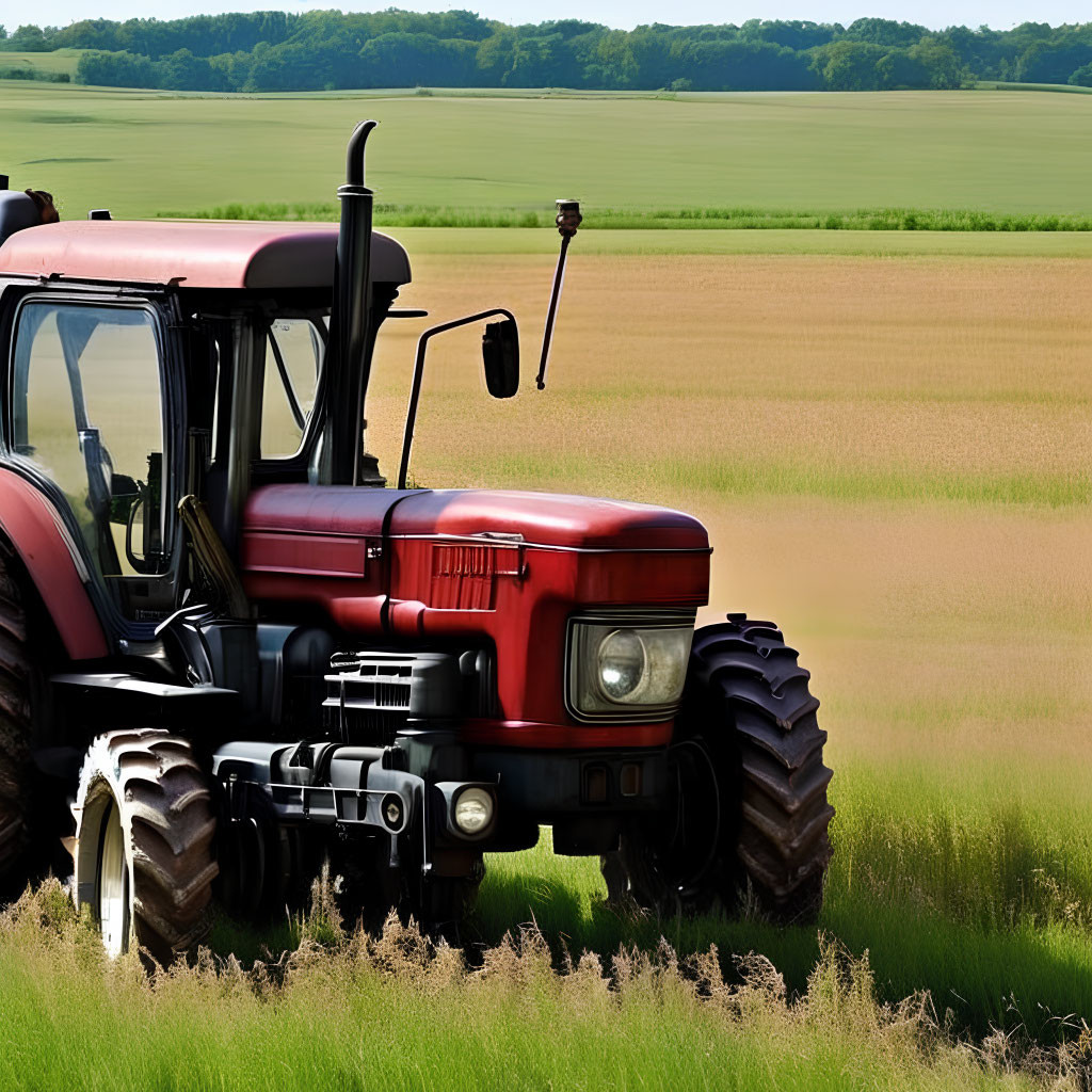 Red tractor in green field with crops and clear sky