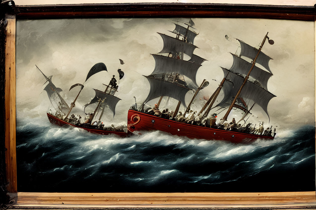 Vintage painting of two sailing ships in stormy seas with crew, set in ornate frame