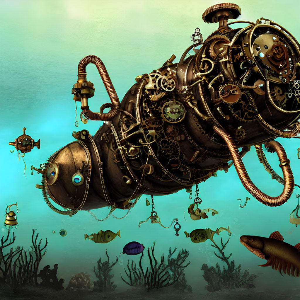 Steampunk-inspired submarine with gears and pipes underwater.