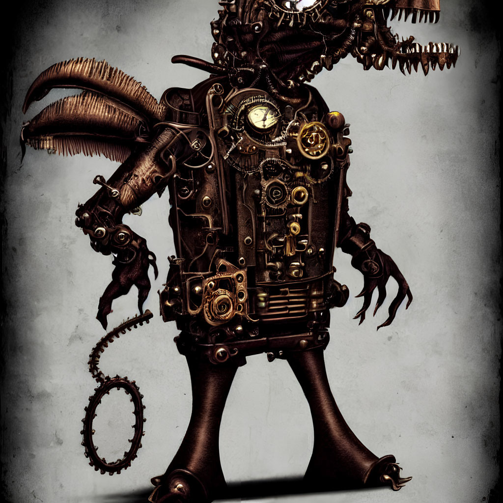 Steampunk-style mechanical creature with gears, tail, and horn-like protrusions