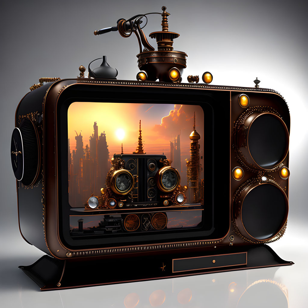 Steampunk-themed vintage TV with brass details and cityscape scene.