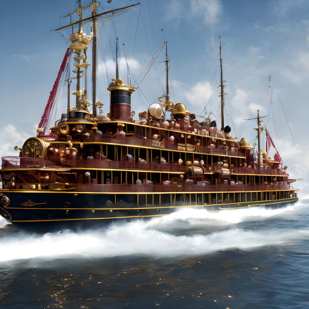 Ornate multi-decked ship with golden accents sailing on the ocean