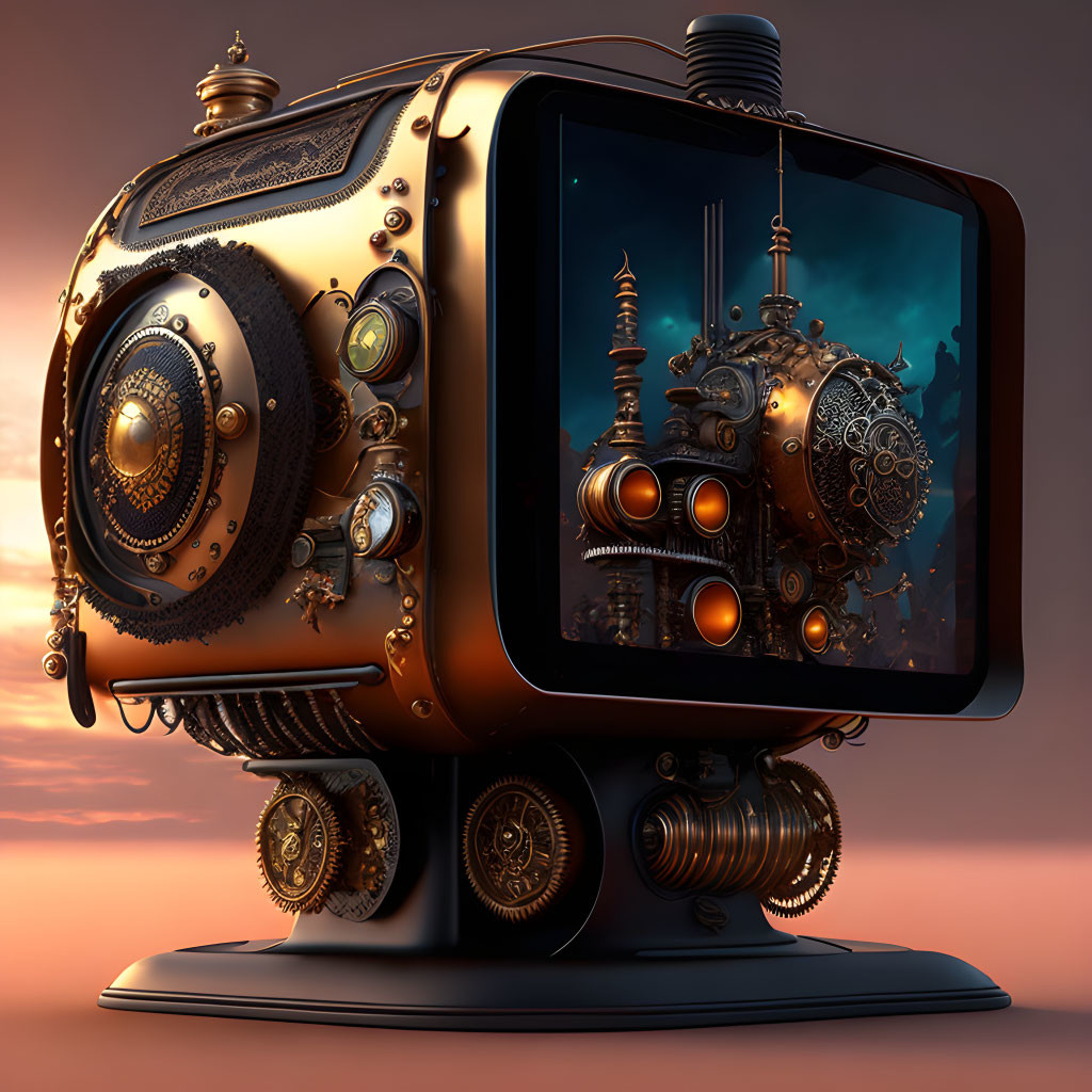 Steampunk-style monitor with ornate bronze details showing fantastical machine