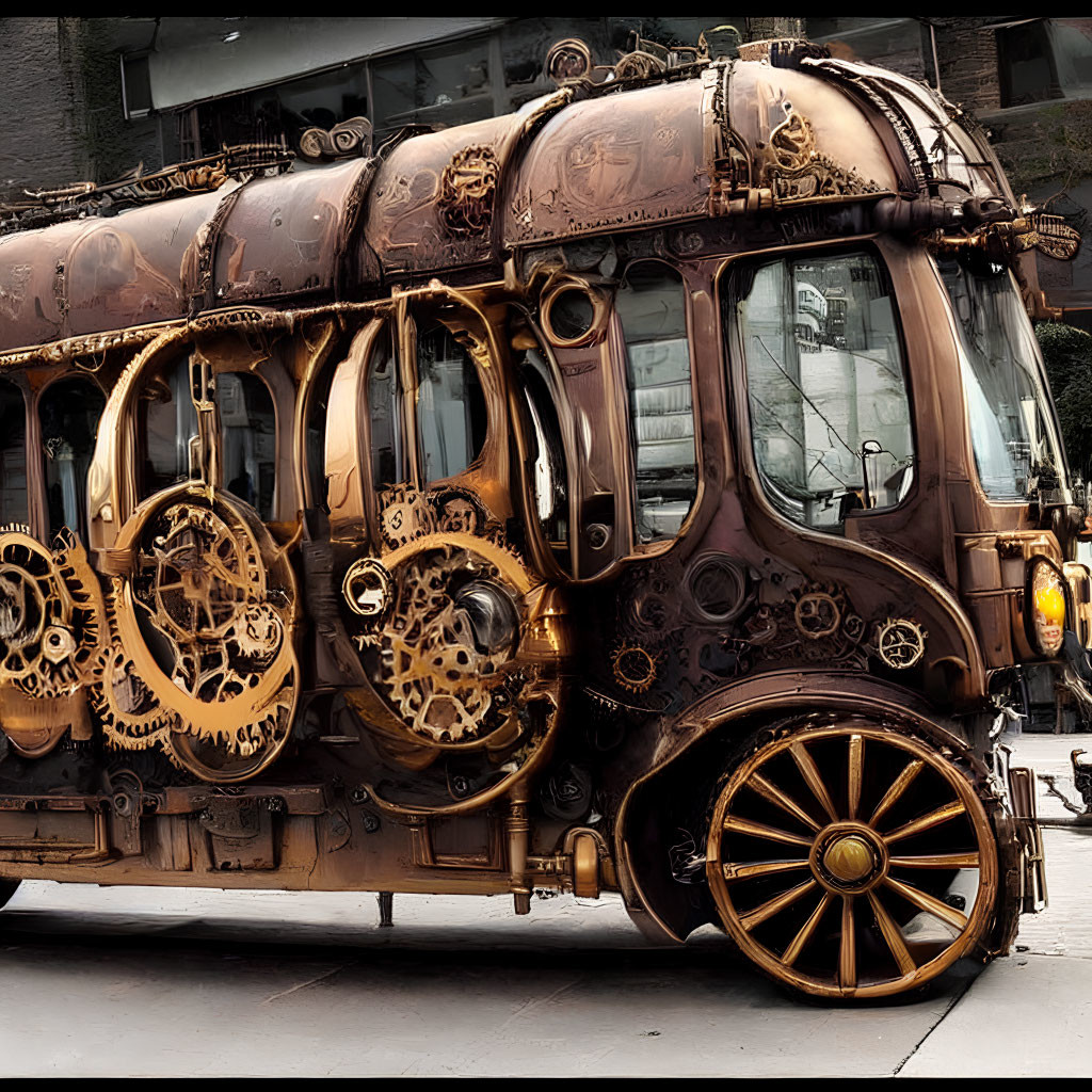 Steampunk-style bus with exposed gears and brass fittings