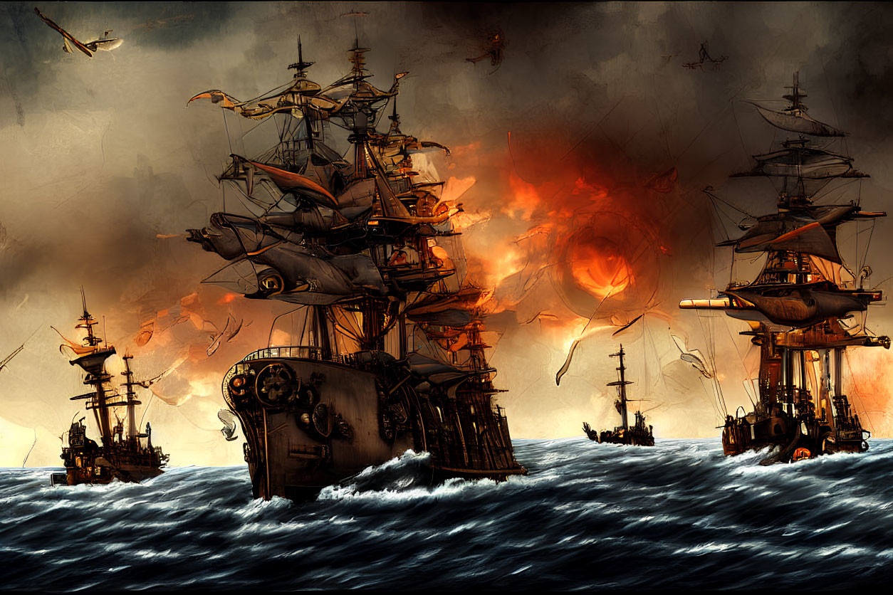 Naval battle scene with sailing ships, one ablaze, amid cannon fire, under gloomy sky