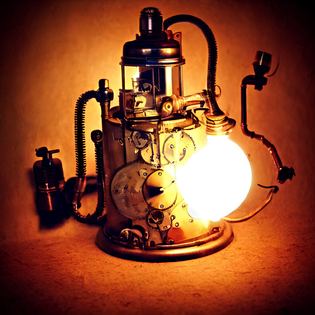 Intricate Steampunk-Style Lamp with Gears and Pipes on Amber Background