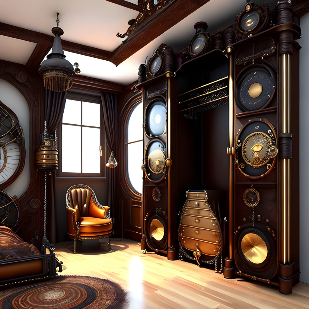 Steampunk-style Room with Wooden Walls, Brass Gears, and Leather Armchair